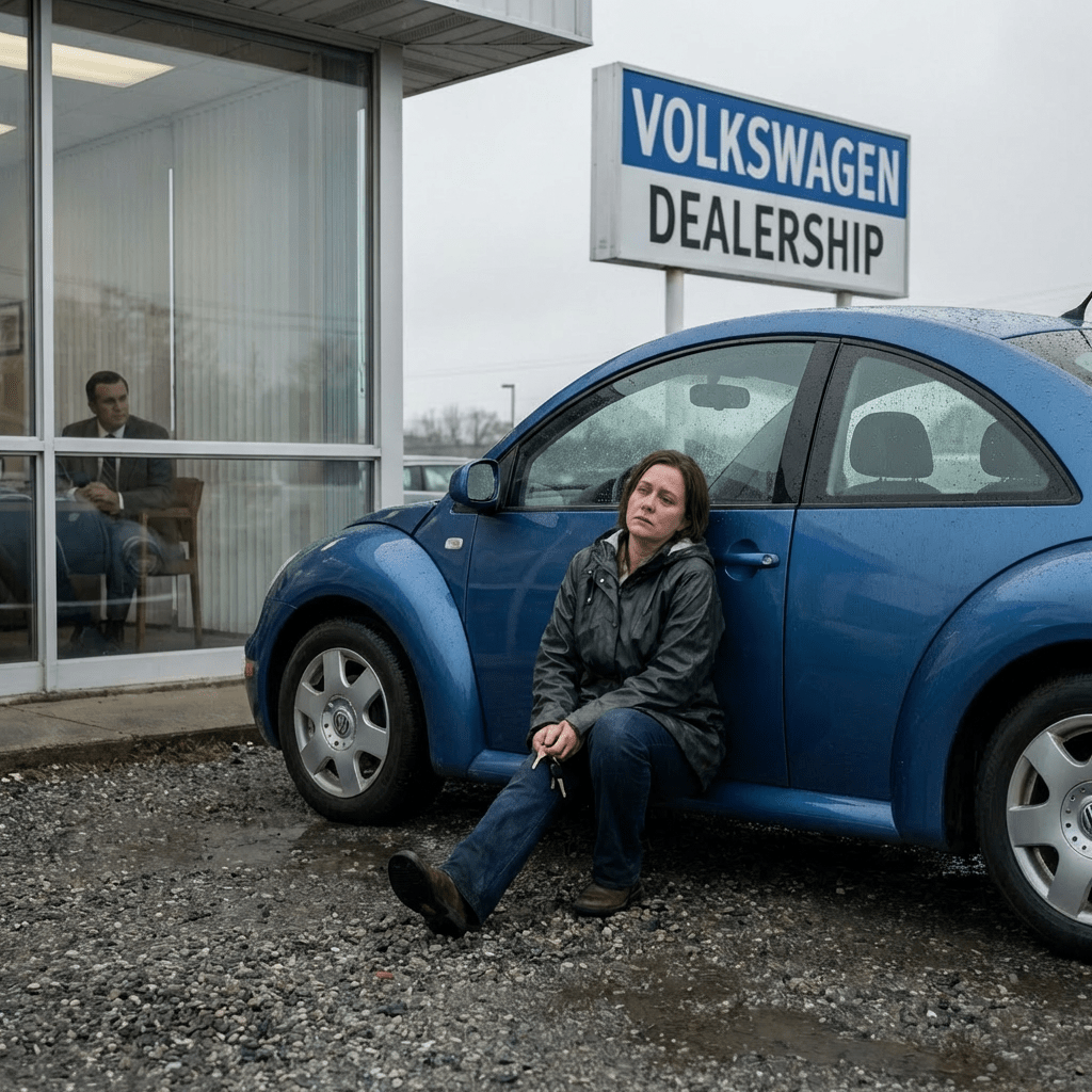 Woman sits against a blue Beetle outside a sign reading VOLKSWAGEN DEALERSHIP.