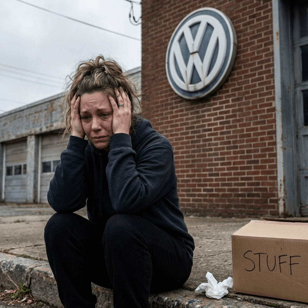 A crying woman sits outside a Volkswagen building with a box labeled STUFF.